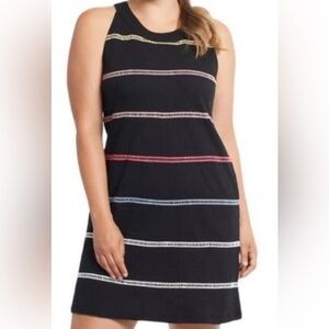 MB Embroidered A Line Sleeveless Striped Black Women's Dress Pockets